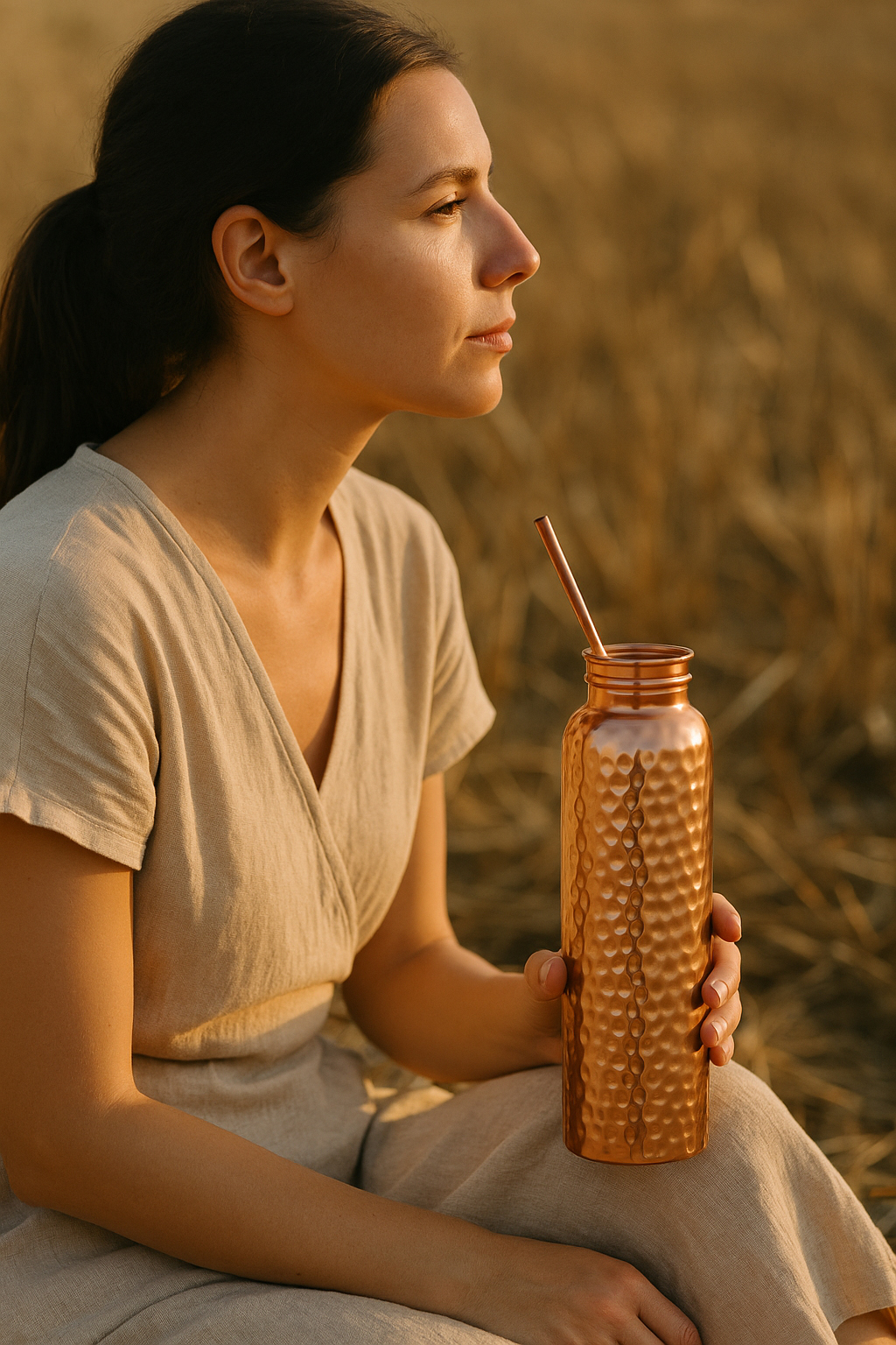 Woman sitting outdoors holding 100% pure copper 64 oz hammered copper water bottle with straw