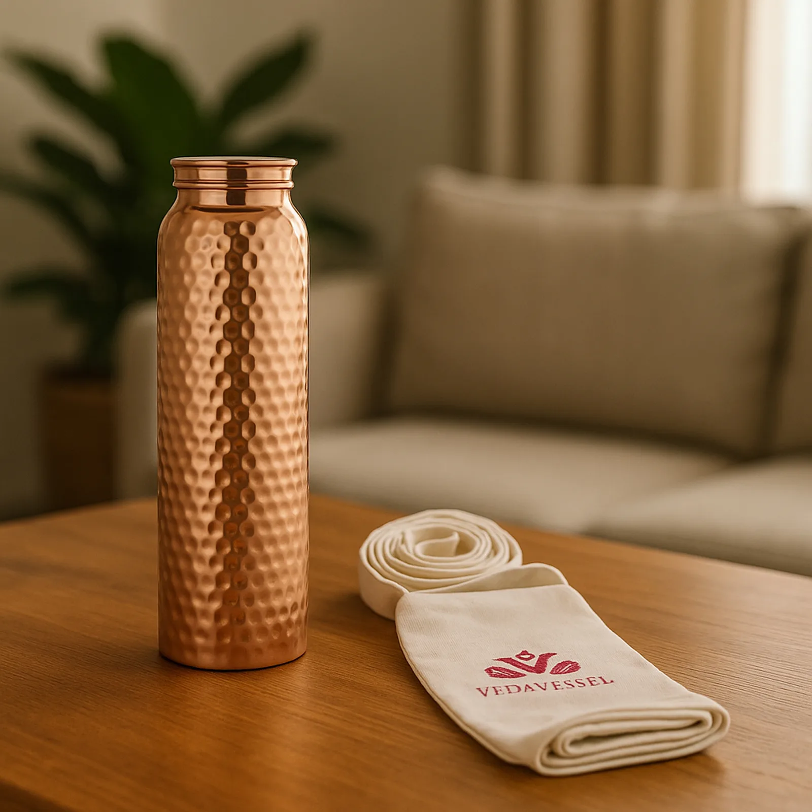 Woman sitting outdoors holding 100% pure copper 64 oz hammered copper water bottle with straw