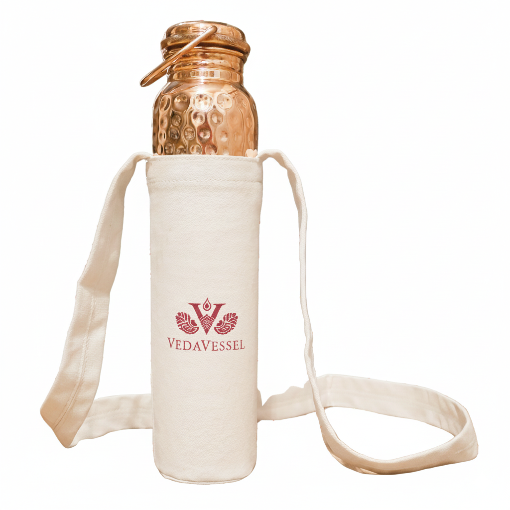 VedaVessel 64oz hammered copper bottle with handle in carry sleeve