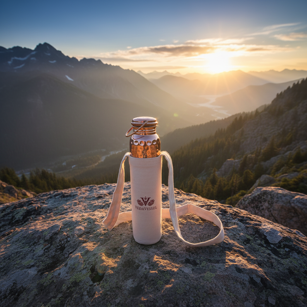 VedaVessel 2 liter copper jug in canvas carrying bag with VedaVessel logo standing alone on rock overlooking beautiful nature scenery with sunrise